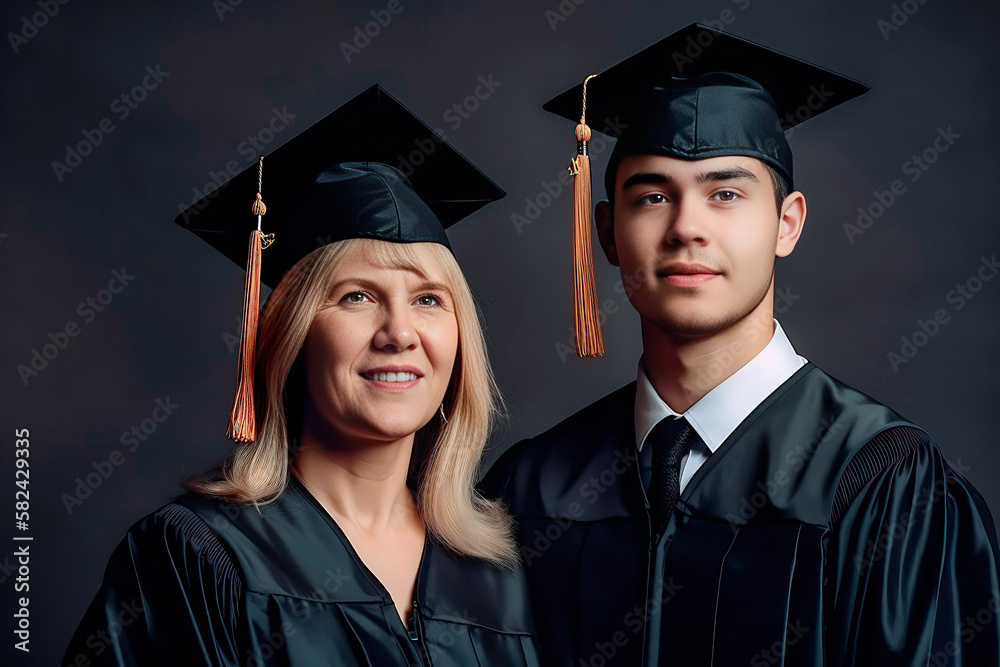Happy proud mother and son college graduates in caps and gowns. Copy space. Generative AI. (1) Happy proud mother and son college graduates in caps and gowns. Copy space. Generative AI. (1)