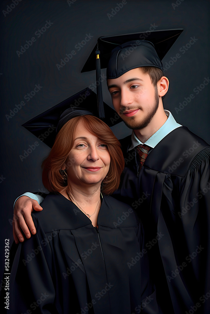 Fototapeta premium Happy proud mother and son college graduates in caps and gowns. Copy space. Generative AI. 4