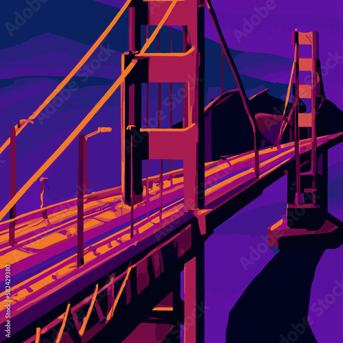 A cyberpunk illustration of Golden Gate Bridge 1970s style, San Francisco - Generative AI
