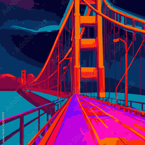 A cyberpunk illustration of Golden Gate Bridge 1970s style, San Francisco - Generative AI