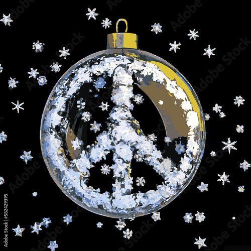 Digital illustration of  peace sign in a glass ball with snowflakes - xmas ornament (Generative AI)