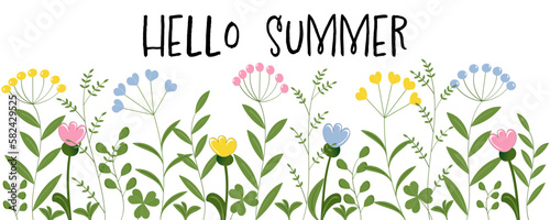 Hallo Sommer. Vektorgrafik mit Kräutern und Blumen in Pastellfarben.