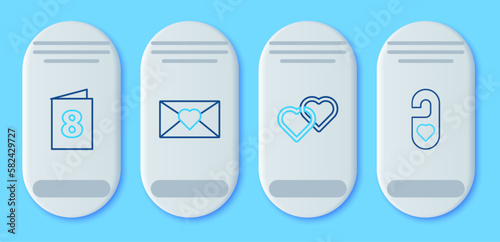 Set line Envelope with 8 March, Two Linked Hearts, Greeting card and Please do not disturb heart icon. Vector