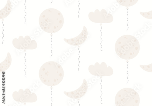 Moon, clouds flying balloons with strings seamless pattern on white background. Hand drawn vector illustration. Scandinavian style flat design. Concept kids textile, fashion print, bedroom wallpaper