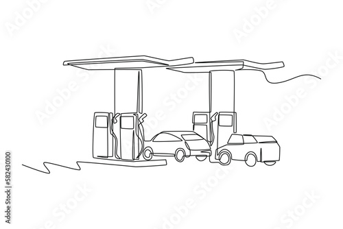 Single one-line drawing of two cars waiting to be filled with gas. Gas station concept continuous line draw design graphic vector illustration