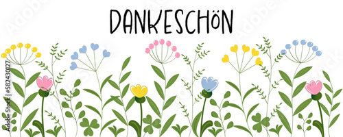 Dankeschön - Schriftzug in deutscher Sprache. Banner mit Blättern und Blumen in Pastellfarben.