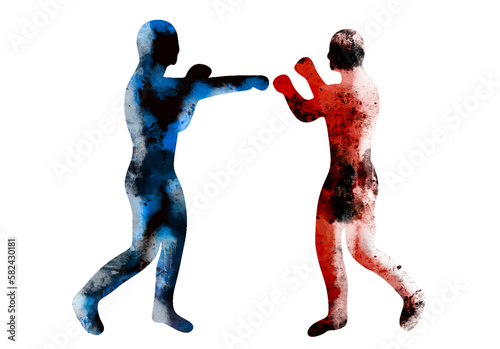 Two men fighting against each other, one red and the other blue. Adjusted with material brushes © garganel