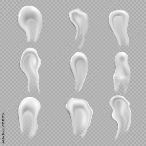 Liquid cream, gel cosmetic texture. Realistic top view of lotion, face skincare, splash of body milk, toothpaste. Face moisturizer or care mask, hair conditioner. Vector isolated illustration