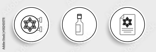 Set line Torah scroll, Jewish synagogue and wine bottle icon. Vector