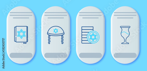 Set line Jewish kippah, coin, torah book and goblet icon. Vector