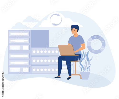 Data backup software concept,  remote server, protection from cyber attack, flat vector modern illustration