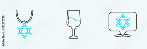 Set line Star of David, necklace on chain and Jewish goblet icon. Vector