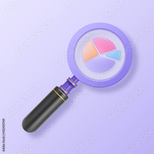 Magnifying glass. Science research. Creative growth finance. Focused lens. Business analysis. Statistic infographic. Magnifier or report diagram. Search with loupe. Vector 3D background