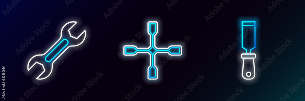 Set line Rasp metal file, Wrench spanner and Wheel wrench icon. Glowing neon. Vector Set line Rasp metal file, Wrench spanner and Wheel wrench icon. Glowing neon. Vector