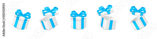 Open 3d birthday gift box. Present render isolated elements, white surprise prize with blue bow and ribbon, floating color giftbox different angle view. Vector realistic illustration