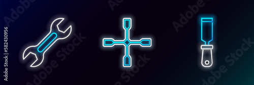 Set line Rasp metal file, Wrench spanner and Wheel wrench icon. Glowing neon. Vector