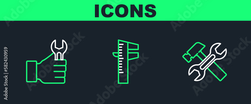 Set line Hammer and wrench, Wrench spanner and Calliper or caliper scale icon. Vector
