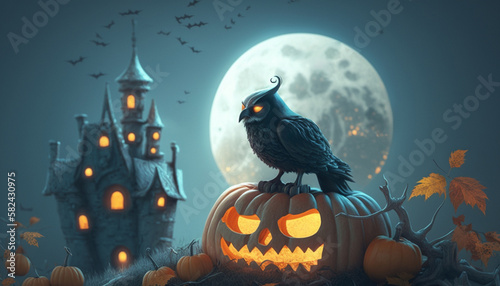 Enchanted Halloween Scene  Crow Creature Perched on Glowing Pumpkin with Spooky Castle and Moon in Background