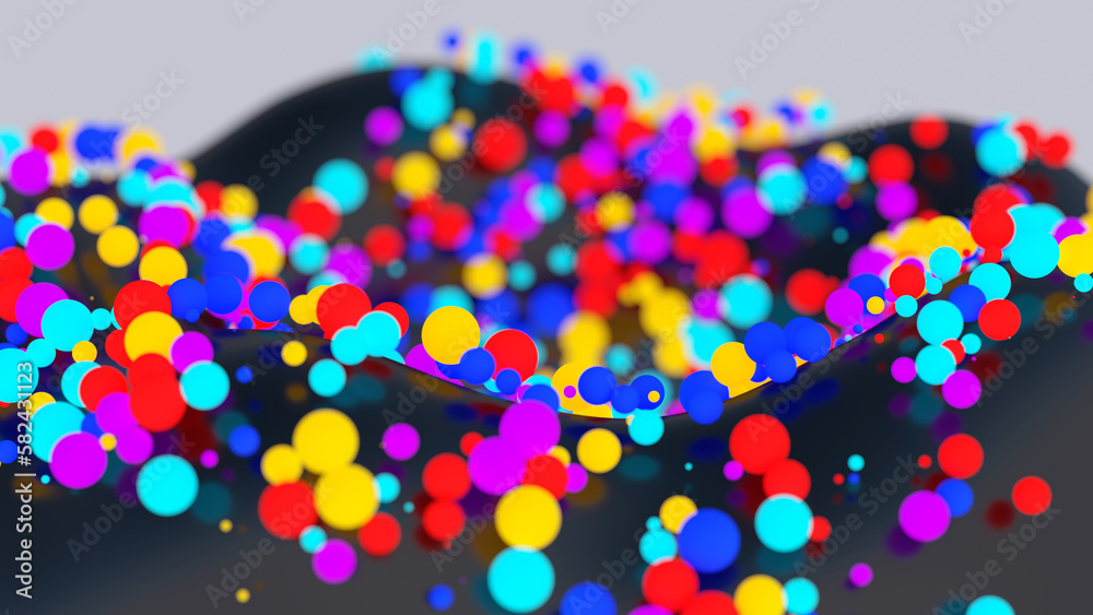 Bright colorful balls on black surface. Abstract illustration, 3d render.
