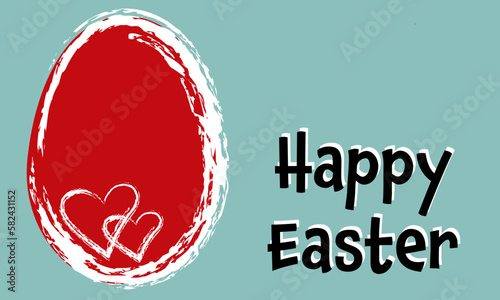 Happy Easter Grußkarte. Rotes Osterei mit Herzen auf grünem Hintergrund.