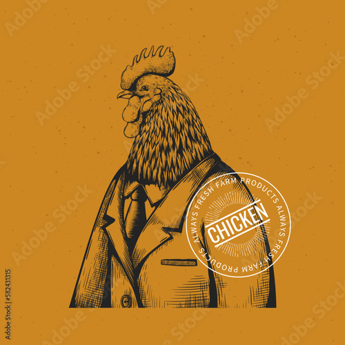 Black engraving hen, rooster brand. Retro male chicken in suit, animal branding, line marketing elements, poultry emblem or badge. Hand drawn cockerel silhouette. Vector illustration symbol