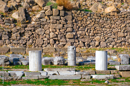 Ruins of columns in ancient city of Pergamon in sunny day. Bergama, Turkey.