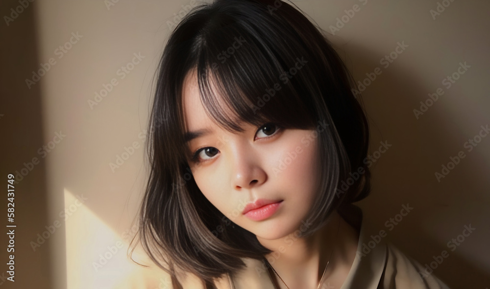 Fototapeta premium Teenager Asian Girl Face in General Public Place. She is Beautiful Girl was created by using generative AI tools.