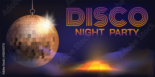 Disco ball. Night dance. Discotheque poster. Neon glowing. Glamour party flyer. Club celebration with music. Sparkling mirror sphere. Retro lettering design. Vector banner background