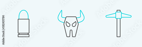 Set line Pickaxe, Bullet and Buffalo skull icon. Vector