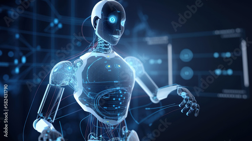 Robot touching a big data network connection. Science and artificial intelligence technology. innovation and futuristic. AI. Machine learning. generative ai.