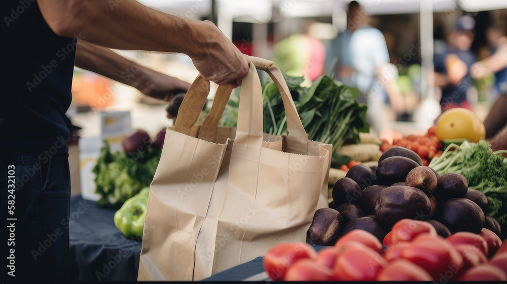 A close-up shot of a person's hand holding a reusable shopping bag with vegetables in the background at a local farmers market - obrazy, fototapety, plakaty 
