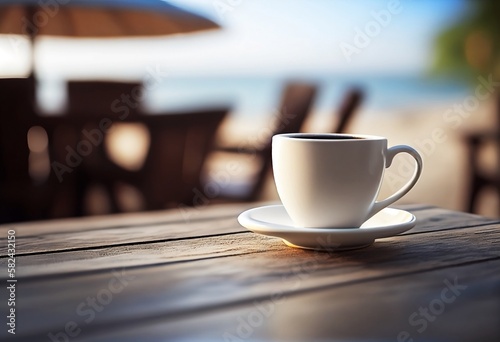 Morning Beach Coffee. Sunrise with a Closeup of hot espresso Drink on a Seaside Background