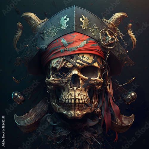 pirate skull on black background, generative ai