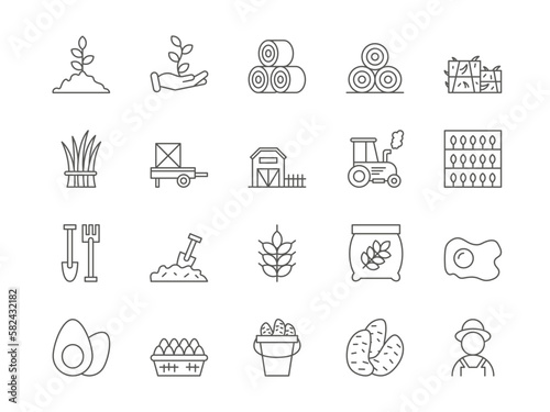 Farm line icons. Agriculture field. Farmer and harvesting tractor. Rural lands. Wheat grain sack. Vegetable crop. Organic industry. Barn and plants in village. Vector pictograms set