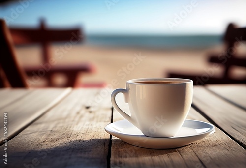 Morning Beach Coffee. Sunrise with a Closeup of hot espresso Drink on a Seaside Background
