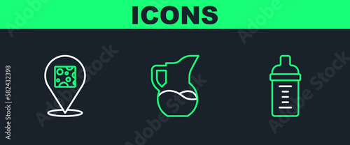 Set line Baby milk in a bottle, Cheese and Milk jug or pitcher icon. Vector