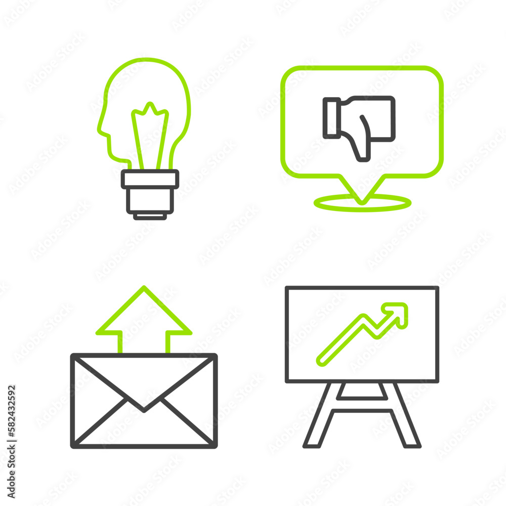 Set line Board with graph chart, Mail and e-mail, Dislike in speech bubble and Light bulb concept of idea icon. Vector Set line Board with graph chart, Mail and e-mail, Dislike in speech bubble and Light bulb concept of idea icon. Vector