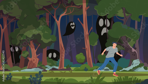 Scared people. Panicked man afraid of ghosts. Fearful wild forest. Frightened guy running away from monsters. Terrified person. Male escaping from tree creepy shadows. Vector illustration