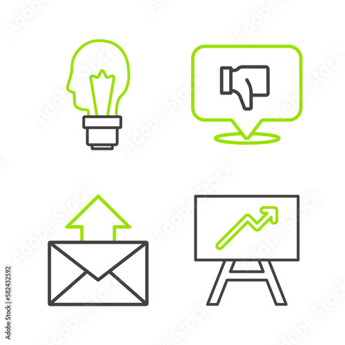 Set line Board with graph chart, Mail and e-mail, Dislike in speech bubble and Light bulb concept of idea icon. Vector