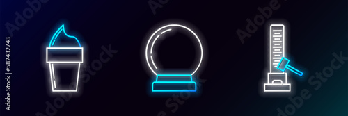 Set line High striker attraction with big hammer, Ice cream in waffle cone and Magic ball icon. Glowing neon. Vector