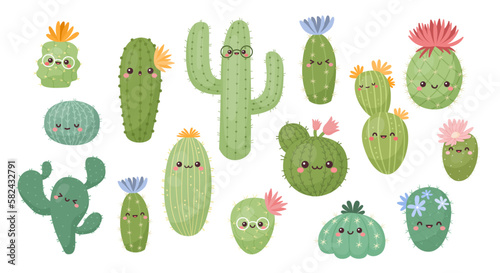 Cute cactus characters, succulent faces. Happy cacti plants, kawaii thorns and pots, summer garden. Hand drawn houseplants with smiles. Bright decorative flowers vector isolated illustration