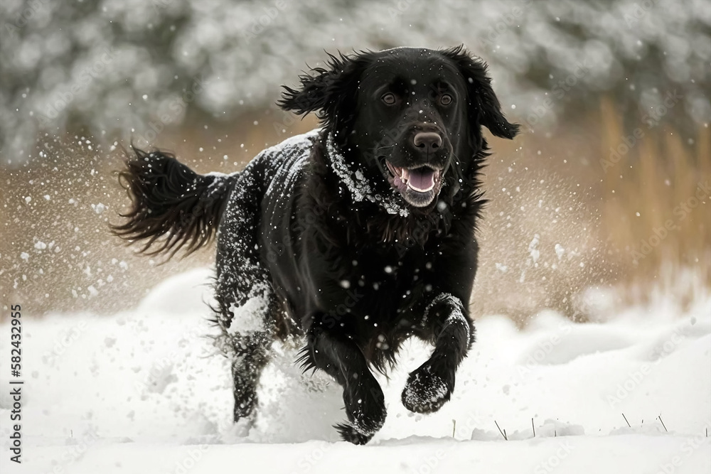 Flat-coat retriever playing in the snow. Generative AI Flat-coat retriever playing in the snow. Generative AI