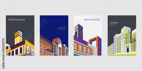 Architecture geometric patterns, Bauhaus posters. Modern and vintage Swiss covers, magazine collection, brochure layout template. Colorful buildings. Vector design compositions set