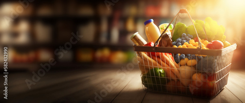 Shopping basket with fresh food on blur background grocery supermarket for design banner, ads, covers, and invitation. Copy space. Generative AI photo