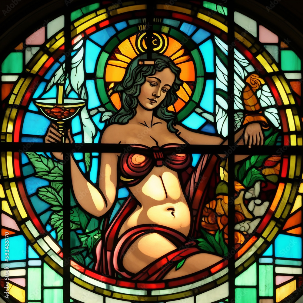 Generative AI: Beautiful woman drinking a cocktail stained glass window.