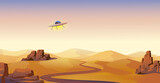 Desert landscape. Wild west panorama. Flying saucer in sky. USA country nature. UFO theme silhouette banner. Alien valley. River and sandstone rocks. Vector illustration background