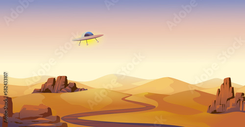Desert landscape. Wild west panorama. Flying saucer in sky. USA country nature. UFO theme silhouette banner. Alien valley. River and sandstone rocks. Vector illustration background