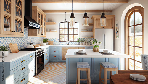 Coastal Comfort Light and Airy Kitchen with Natural Wood Tones and Blue Accents, Modern Kitchen room illustrator Generative AI