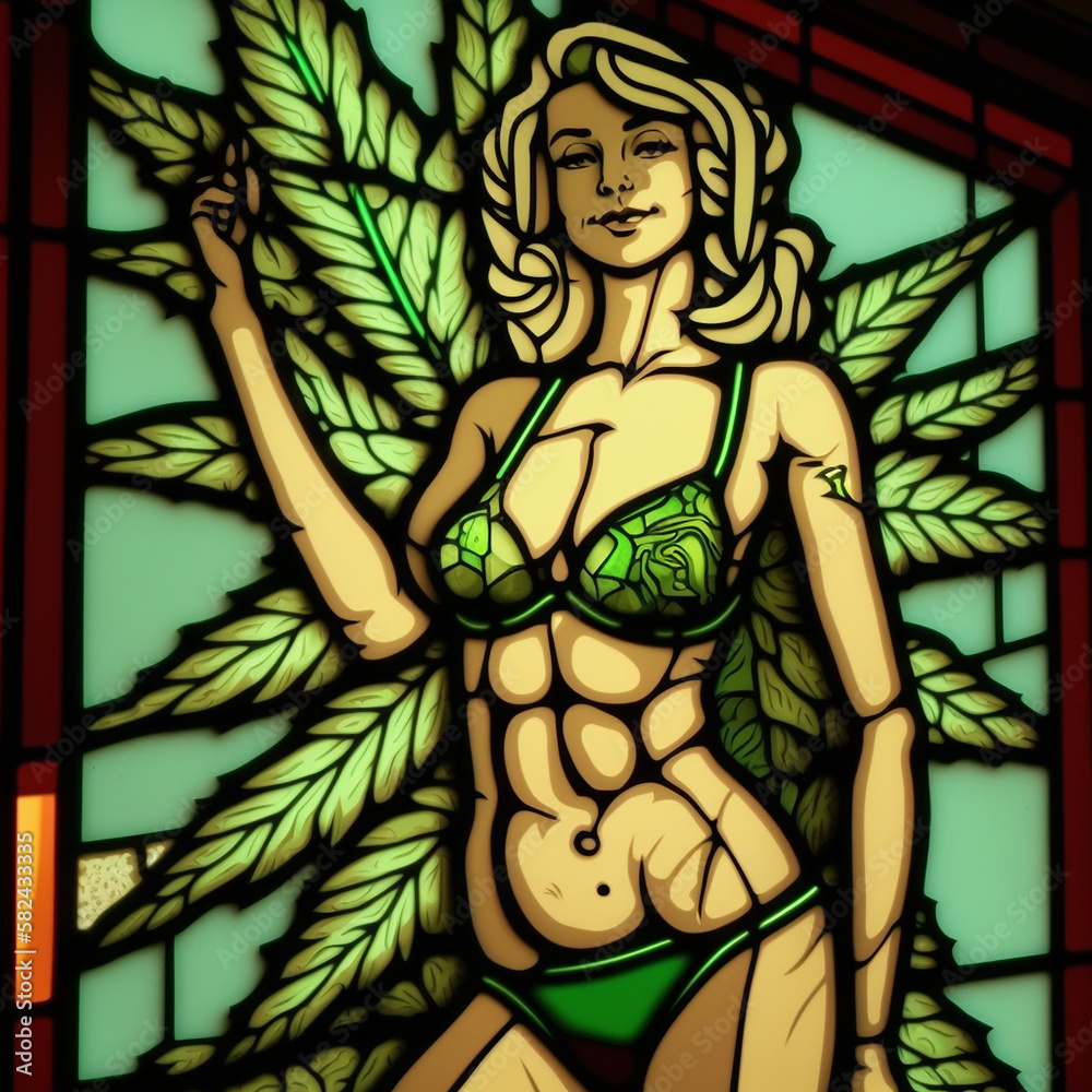 Generative AI: illustration of stained glass window that has a beautiful woman in a green bikini with marijuana leafs. 