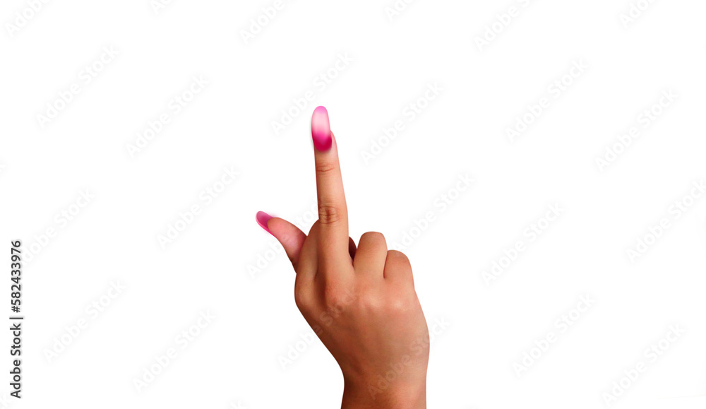 Jolie main de femme manucurée avec du vernis à ongles rose, qui fait un doigt d'honneur sur fond